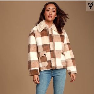 Stella Rose Cream and Brown Plaid Faux-Fur Jacket